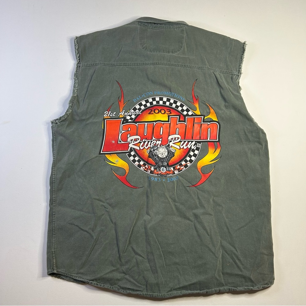 Vintage Laughlin River Run Sleeveless Denim Army Green Shirt XL Black 2003 Y2k